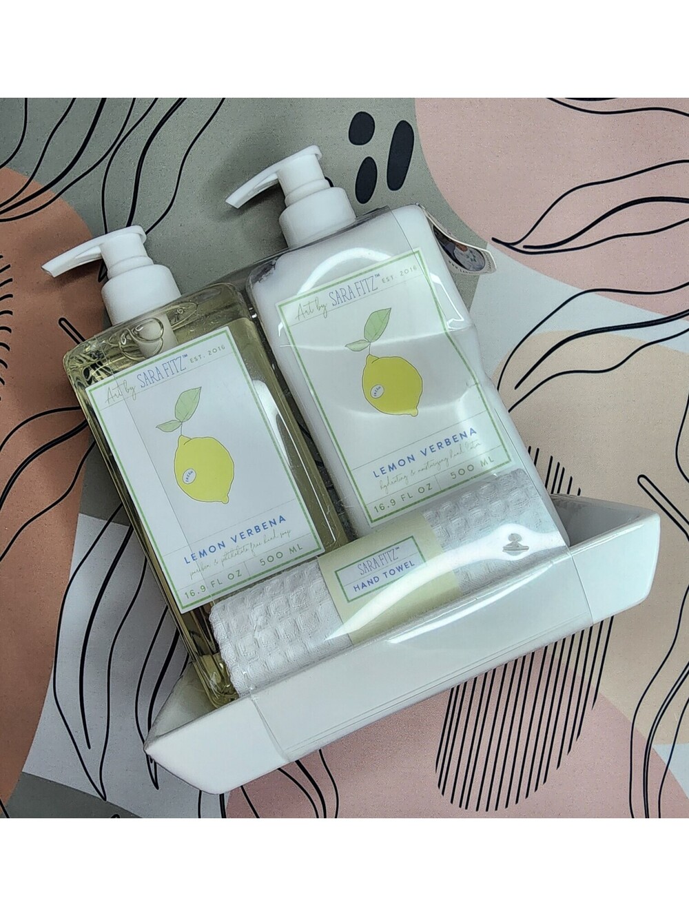 Sara Fitz Lemon Verbena Ceramic Caddy Set with Soap, Lotion, Towel